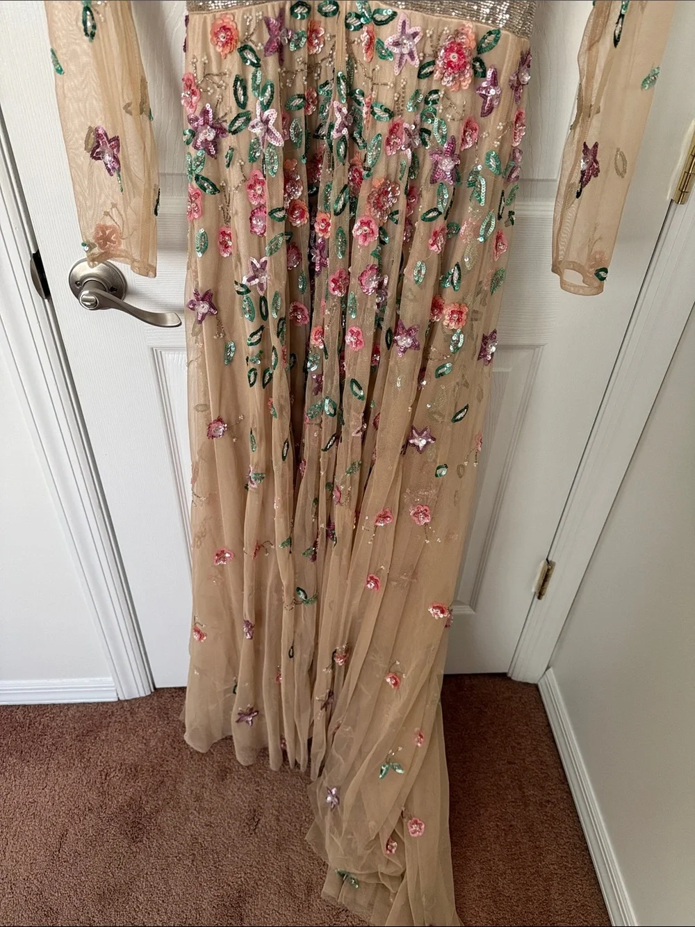 Embellished Nude Floral Mesh Evening Gown
